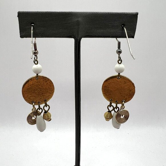 Vintage Pierced Earrings Gold Tone Embellished Disk with Beads Silver Tone Wire - Picture 2 of 6